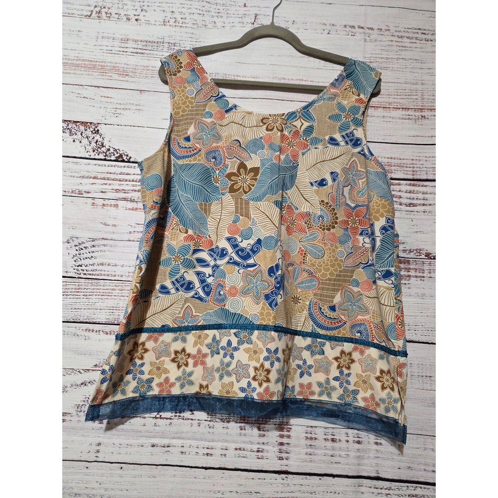 Judith Hart Collection Floral Sleeveless Blouse Blue Tan Beaded Hem Size 16